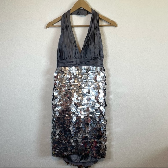 Beyond by Jovani Silver Cocktail Sequin Gray Halter Mini Dress 100% Silk  Size 8